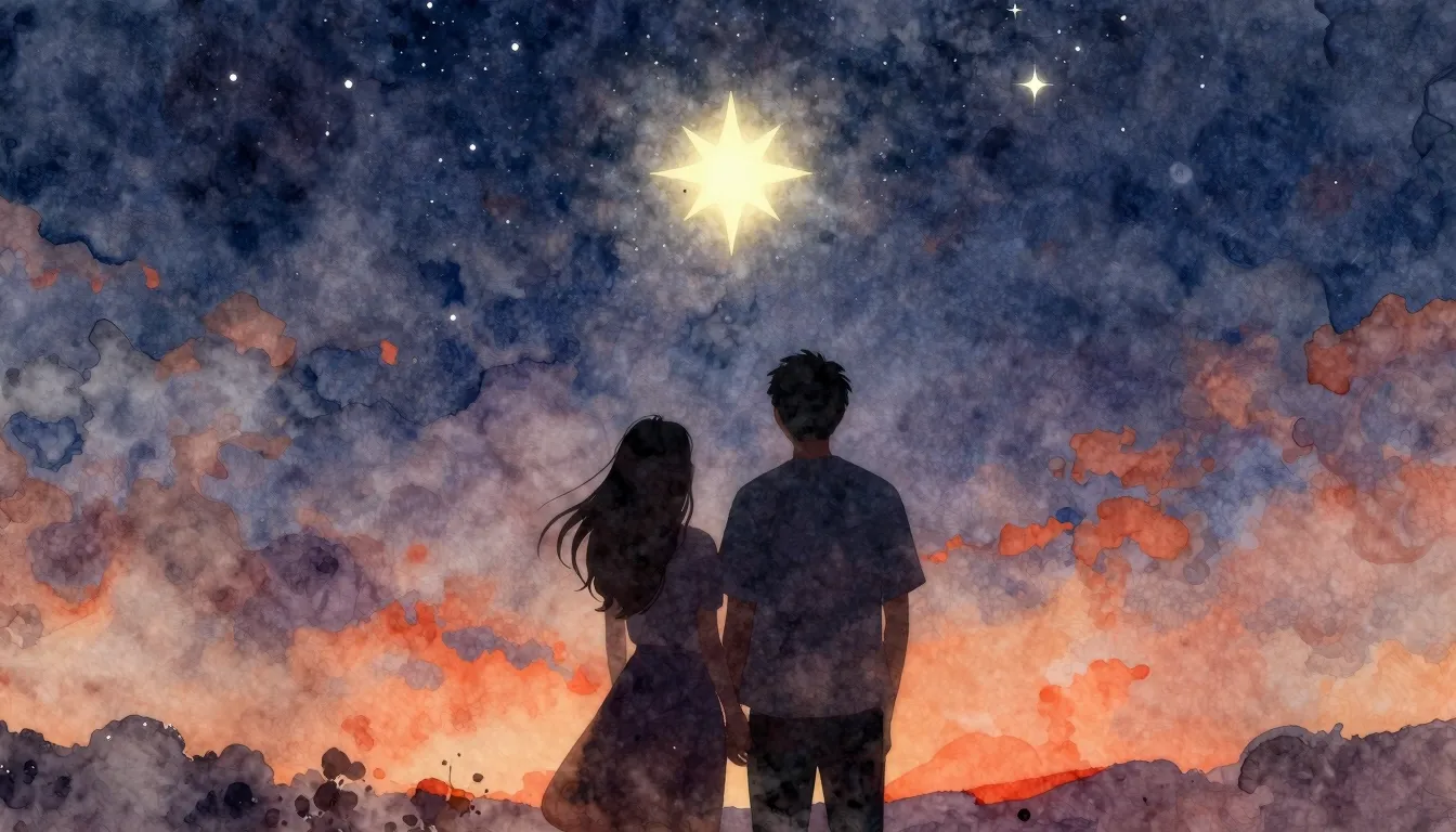 Watercolor style. A silhouette of a couple standing together...