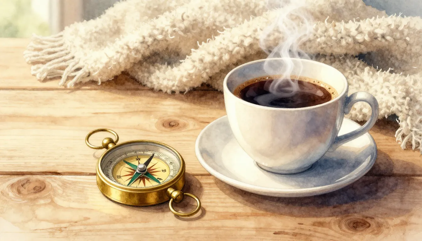 Watercolor style. A cozy wooden table with a vintage brass c...