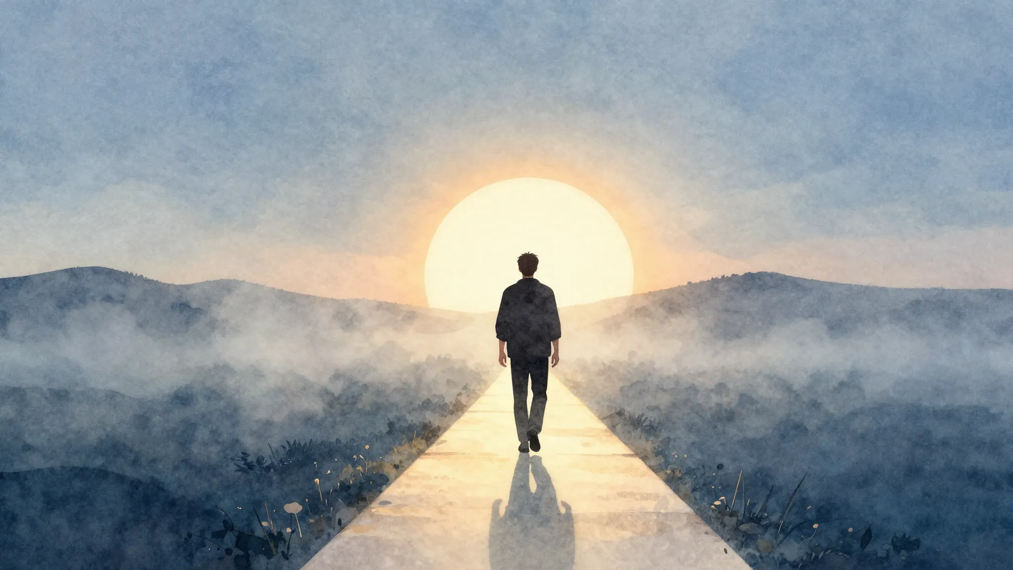 Watercolor style. A stylized silhouette of a man walking alo...