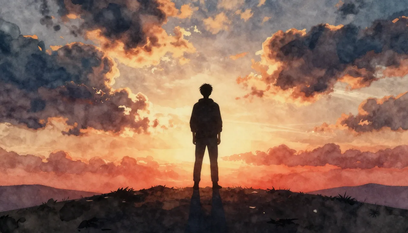 Watercolor style. A silhouette of a person standing on a hil...