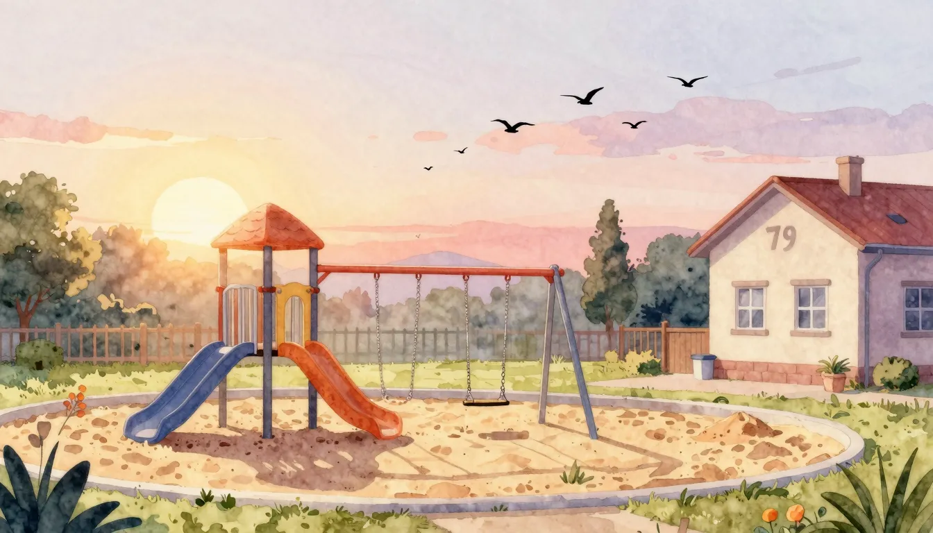 Watercolor style. A warm sun setting over a kindergarten pla...