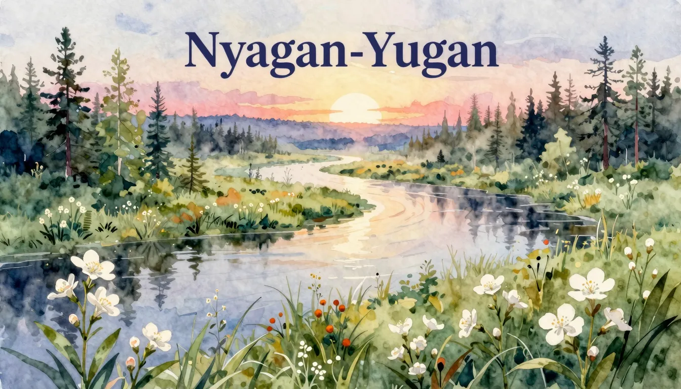 Vibrant watercolor style. Northern Russian river Nyagan-Yuga...