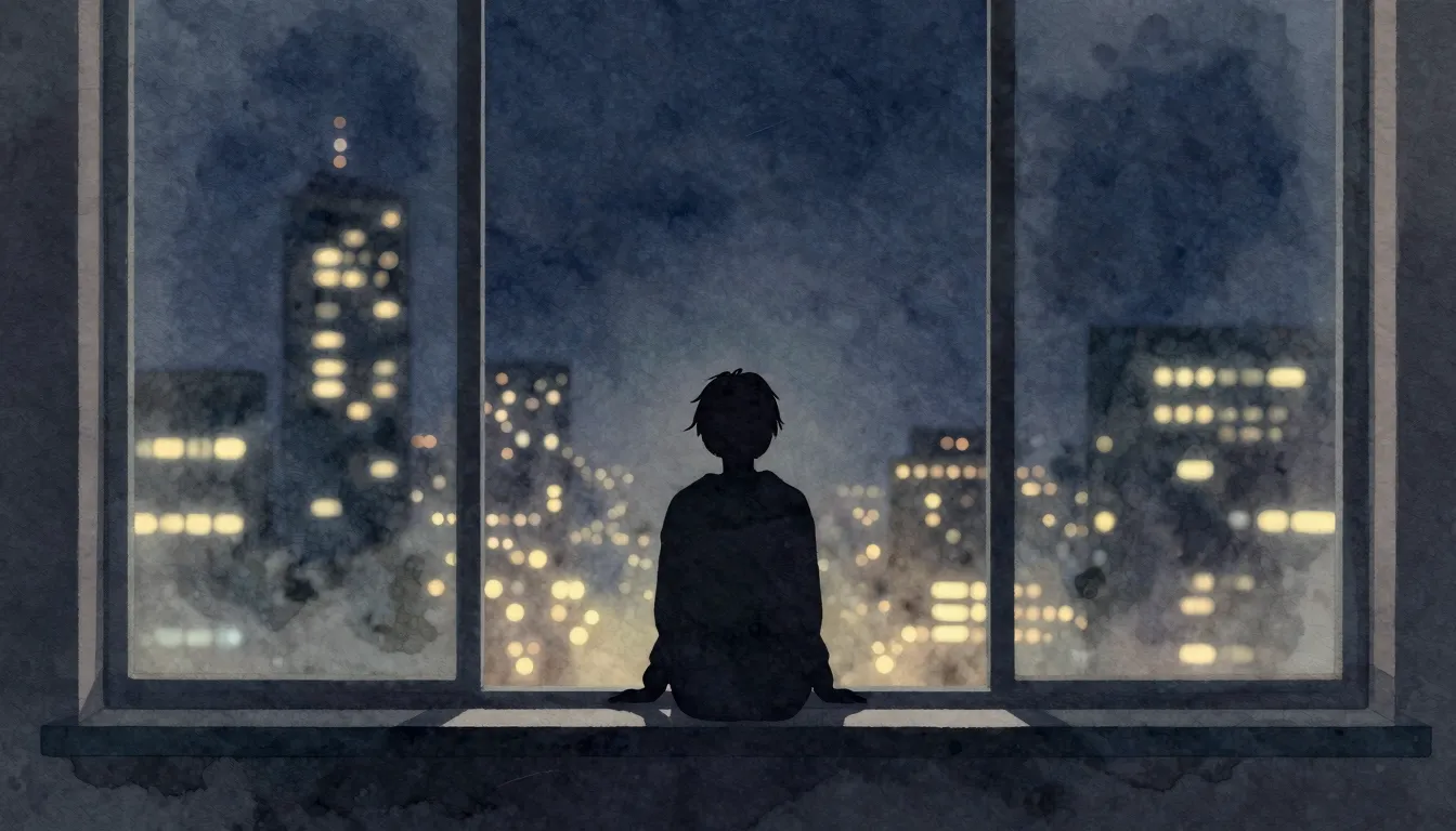 Watercolor style. Silhouette of a lonely person sitting on a...
