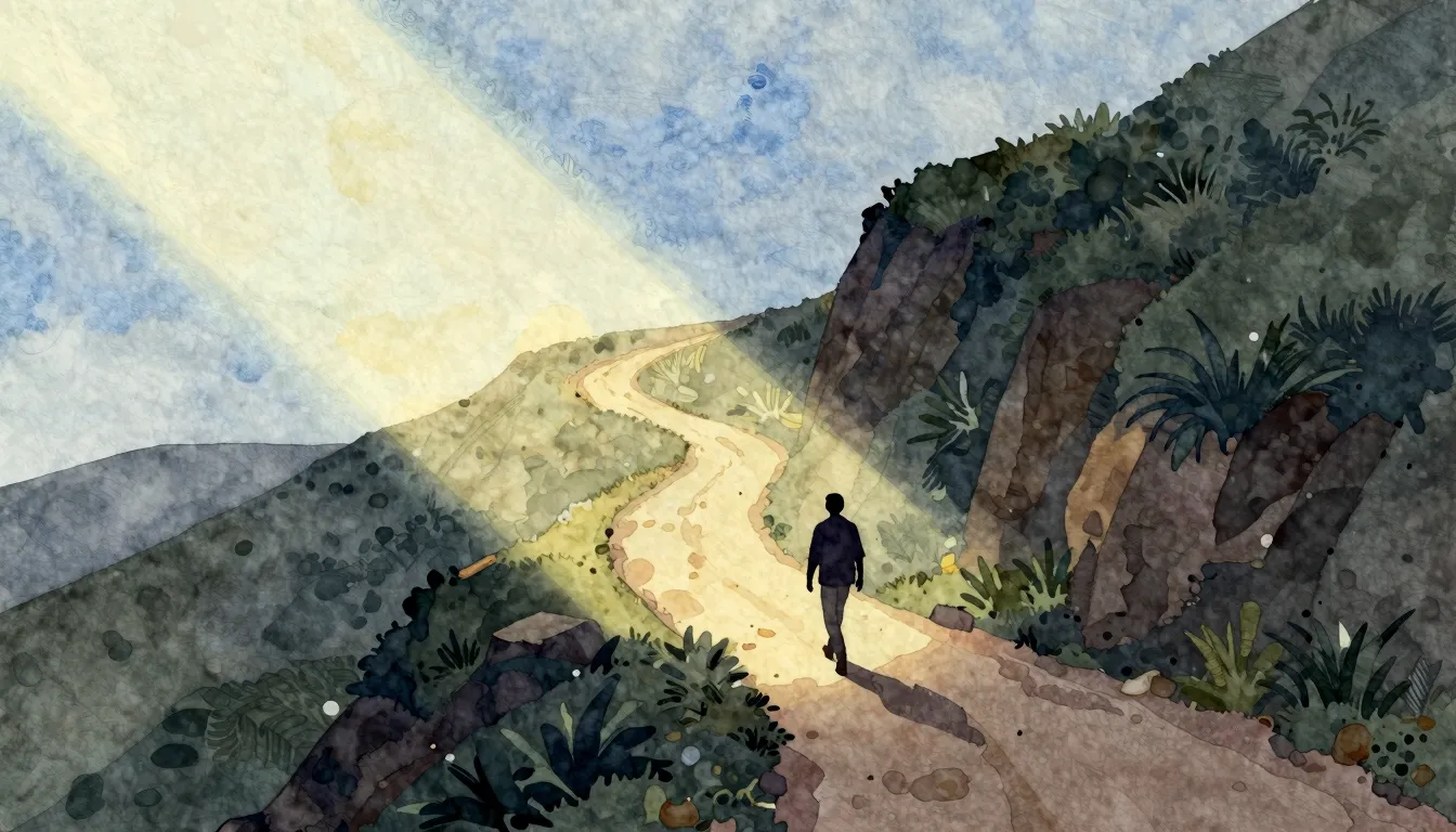 Watercolor style. A winding, difficult path illuminated by a...