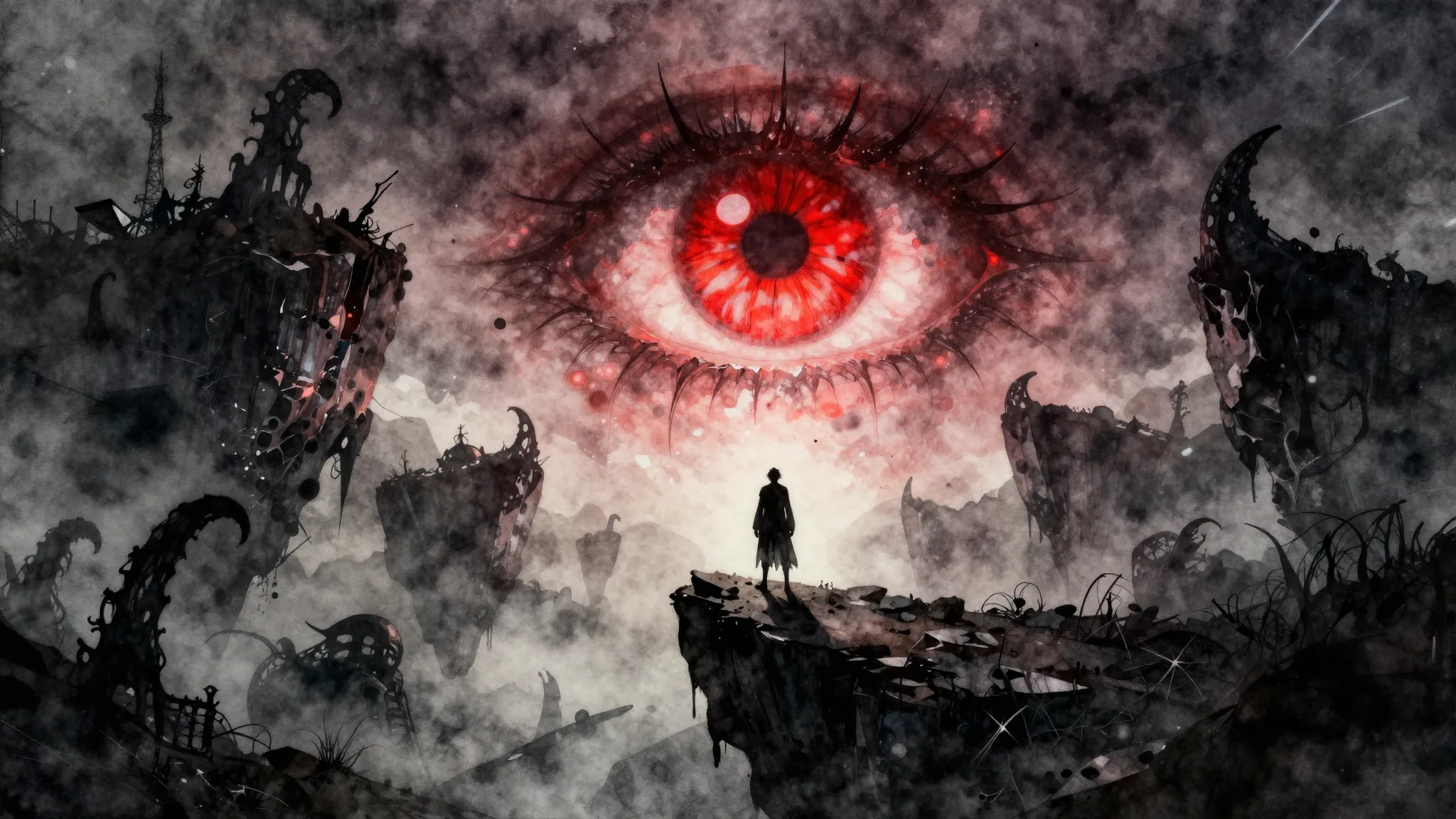 Watercolor style. Dark fantasy landscape, shattered floating...