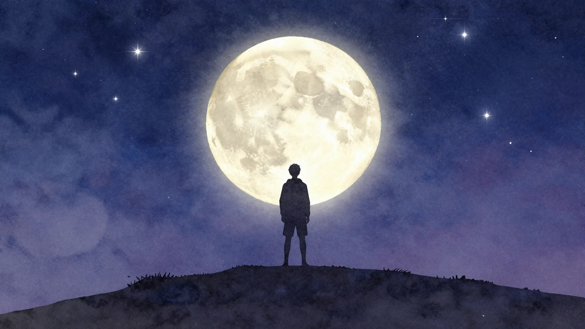 Watercolor style. A silhouette of a person standing on a hil...