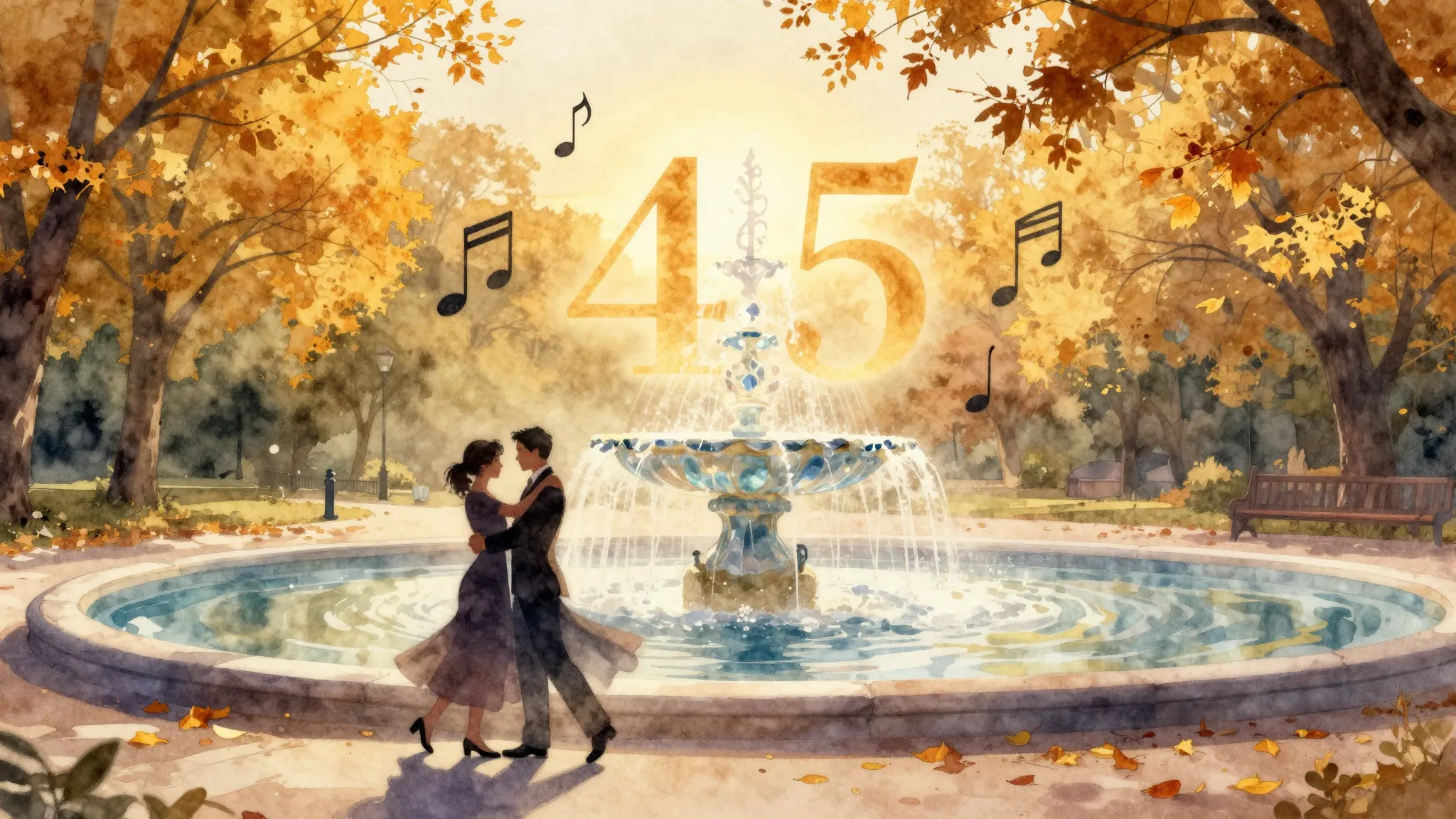 Watercolor style. A golden autumn park with silhouettes of a...