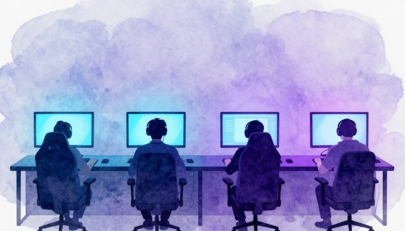 Watercolor style. A cozy room with four computer setups in a...