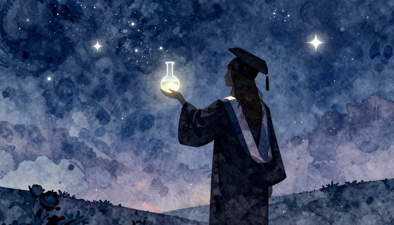 Watercolor style. A silhouette of a graduate holding a glowi...