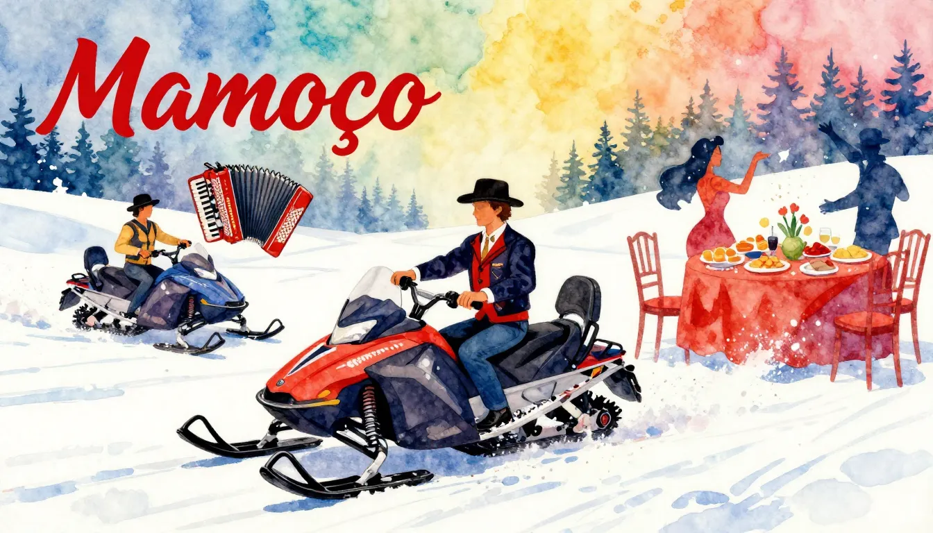 Vibrant watercolor style. Mambo album cover: snowmobiles rac...