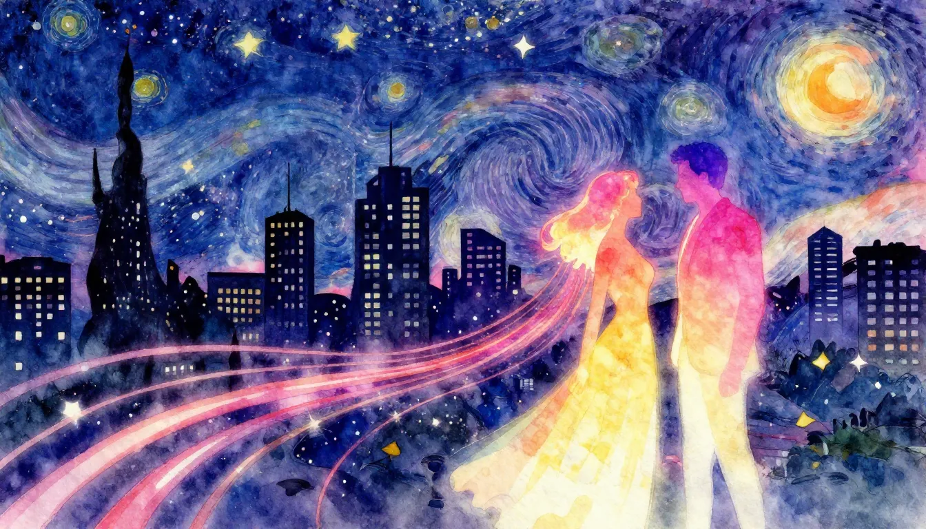 Vibrant watercolor style. Disco-funk album cover, starry nig...