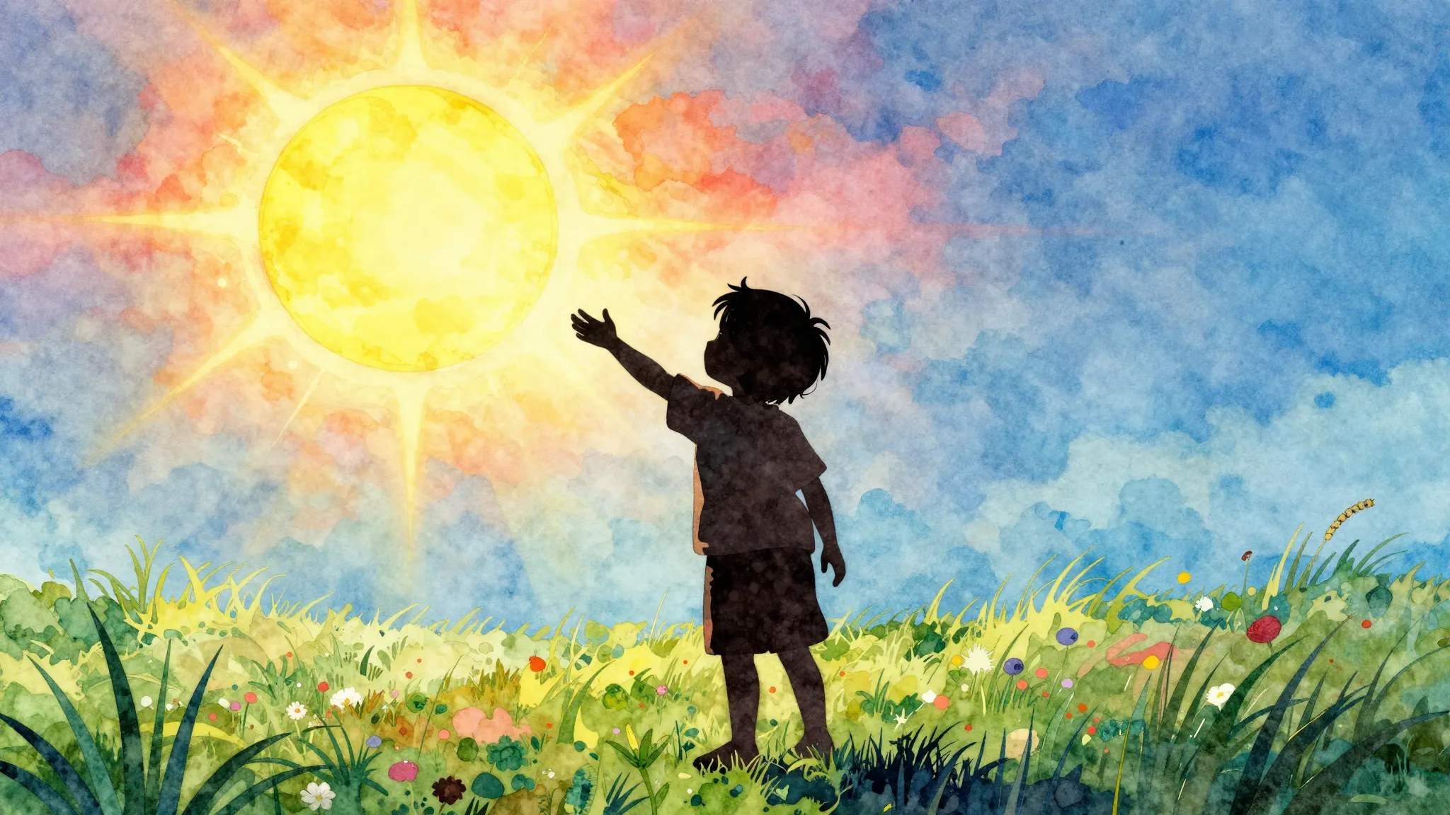 Watercolor style. A silhouette of a small child reaching for...