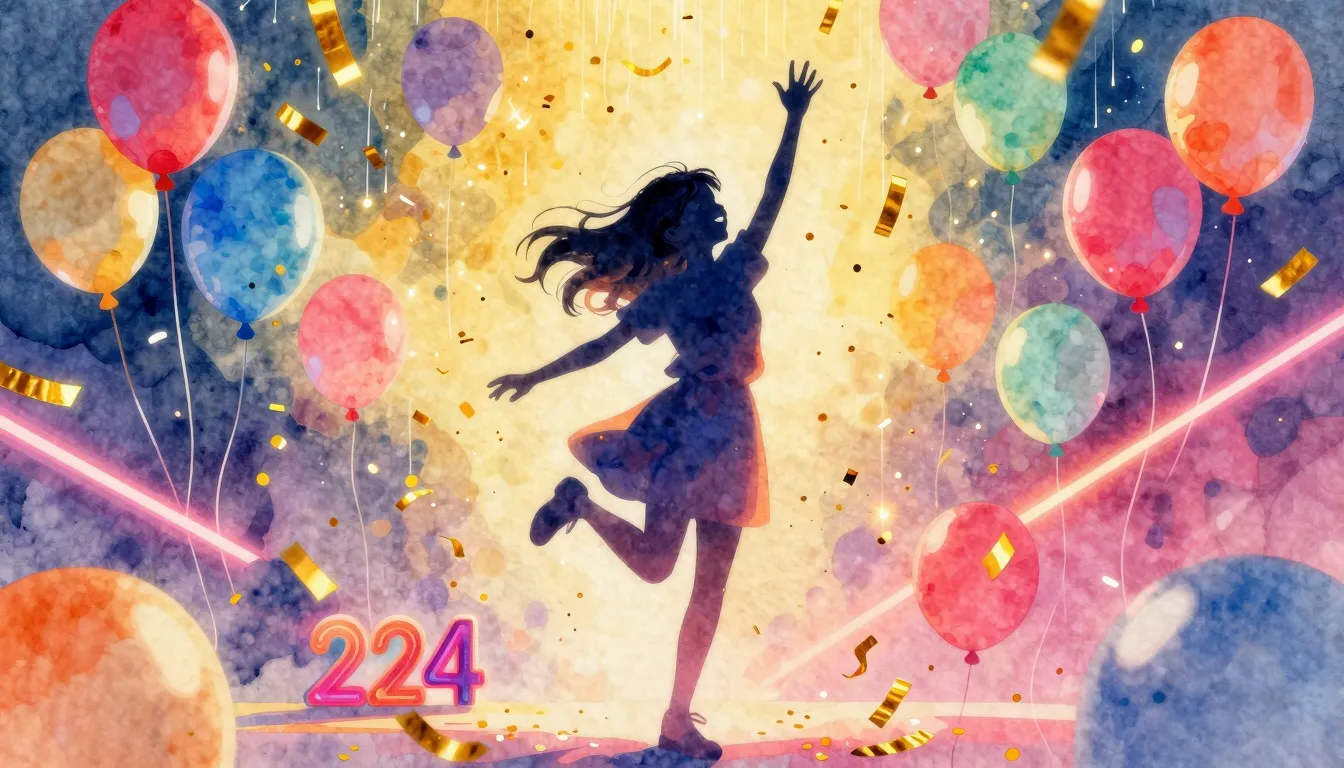 Watercolor style. Silhouette of a happy girl dancing under a...