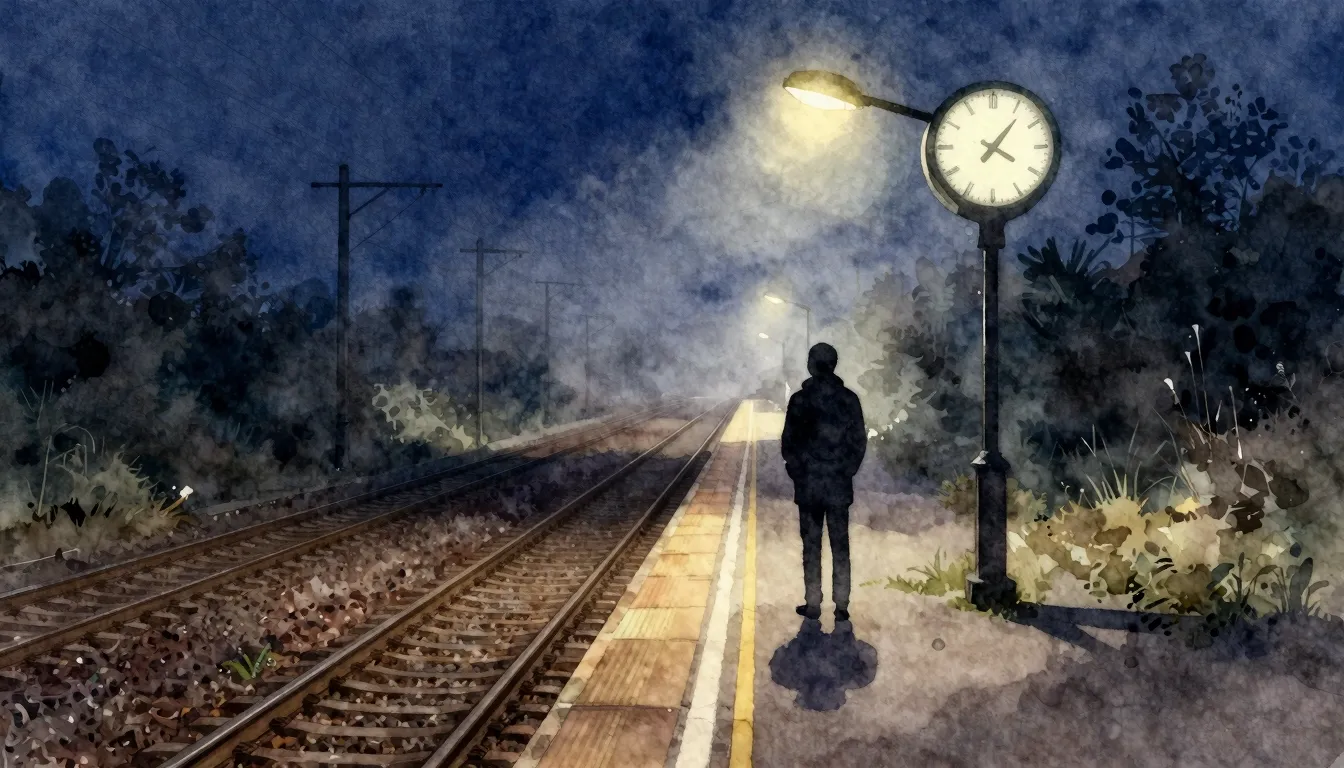 Watercolor style. A lonely railway platform at night, a sing...
