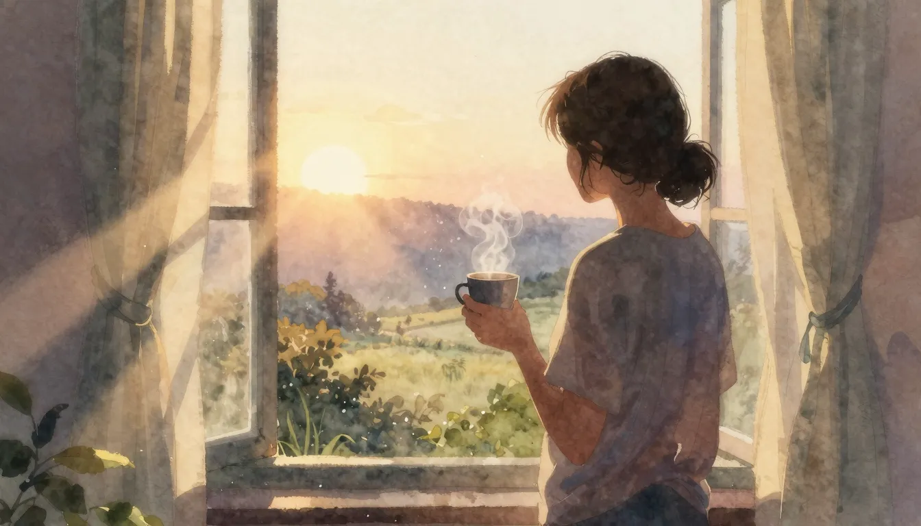 Watercolor style. A silhouette of a person stands by a windo...