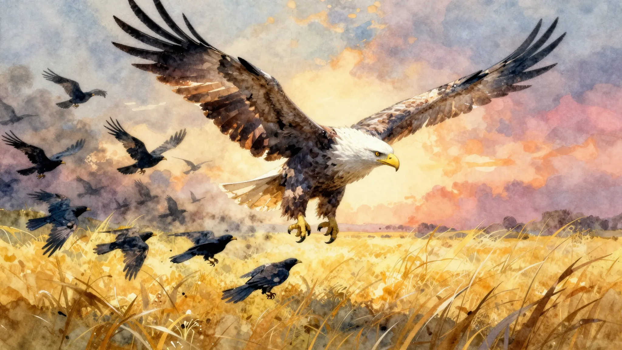 Vibrant watercolor style. Epic album cover: a majestic white...
