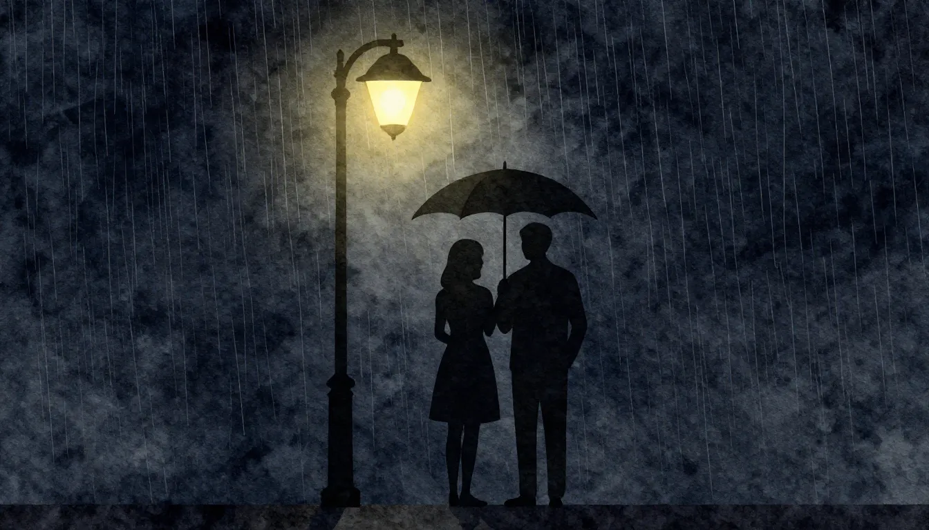 Watercolor style. A silhouette of a couple standing under a ...