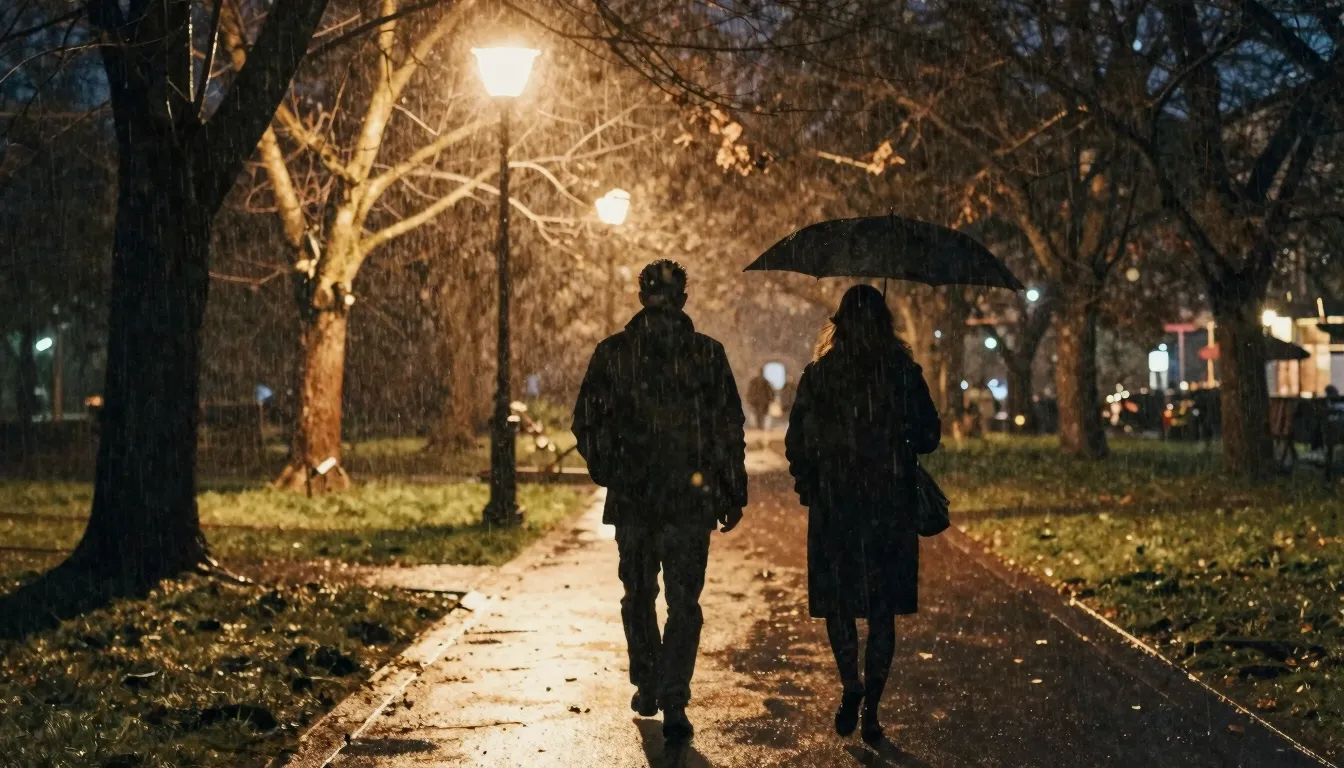Watercolor style. Two dark silhouettes walking in a park at ...