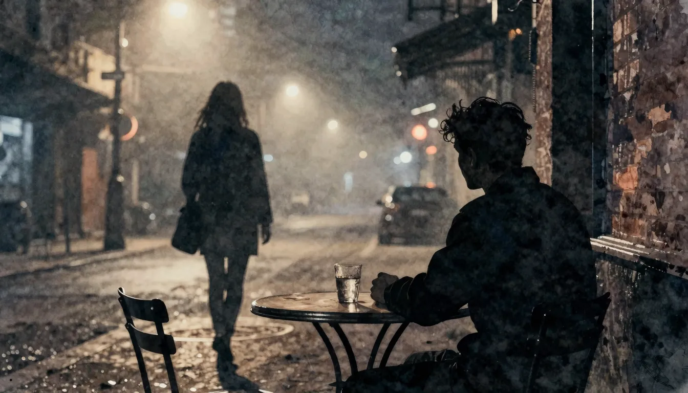 Watercolor style. A dark silhouette of a man sitting alone a...
