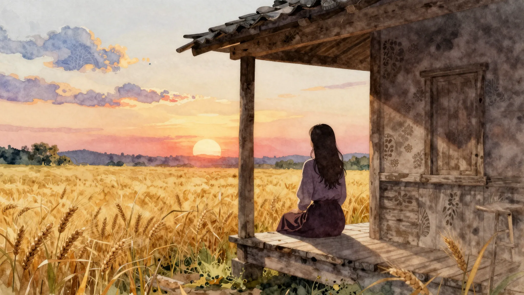 Watercolor style. A silhouette of a woman sitting on a woode...