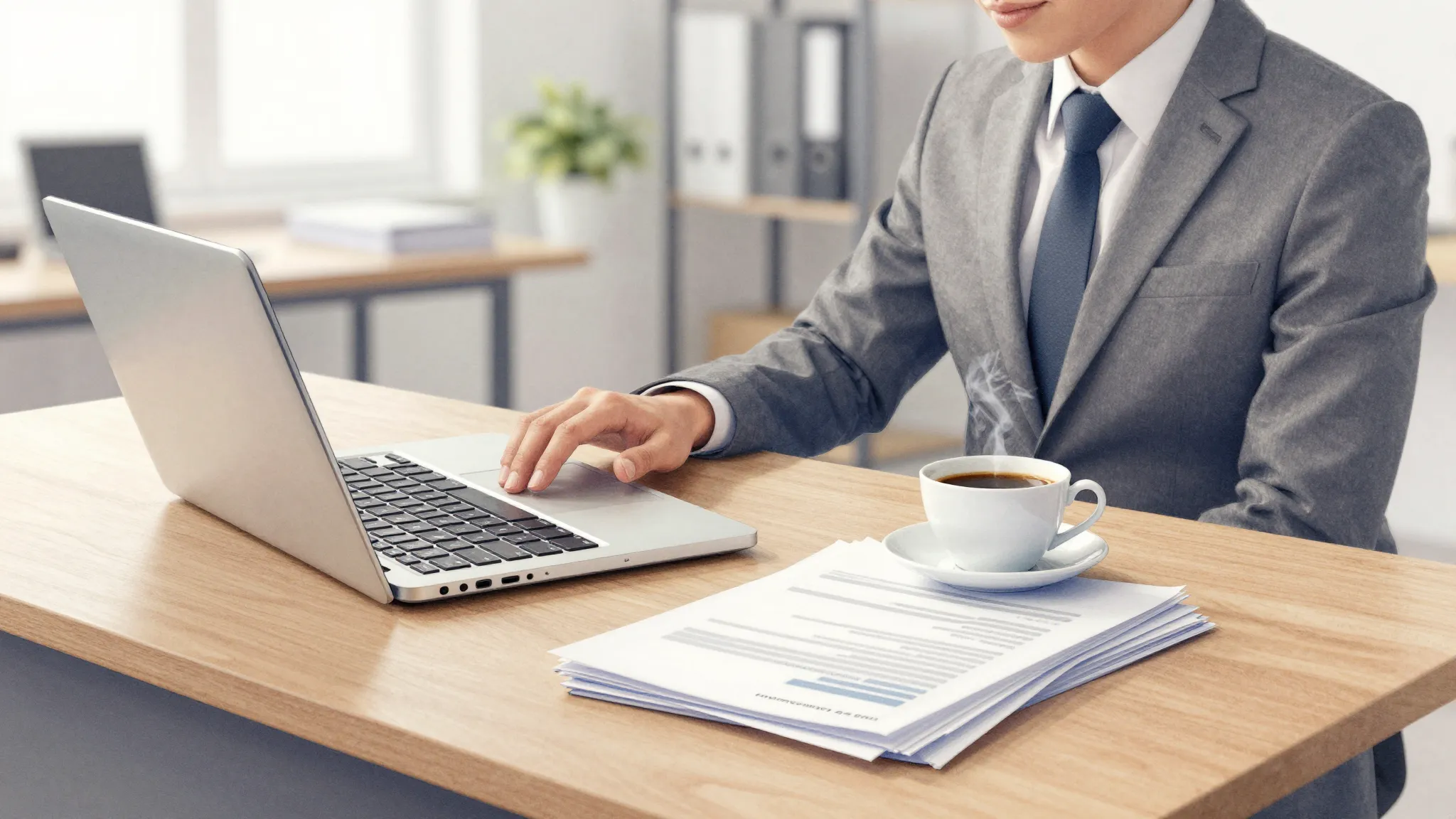 Watercolor style. A professional business setting, a desk wi...