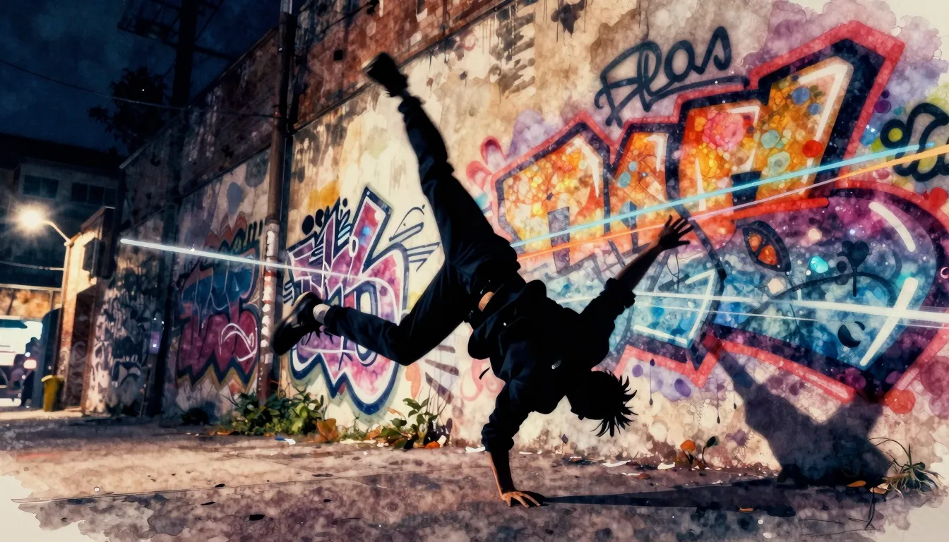 Watercolor style. Silhouette of a person breakdancing agains...