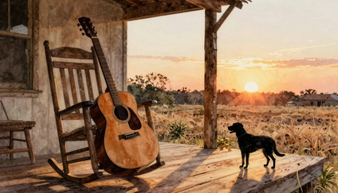 Watercolor style. A rustic wooden porch with an old acoustic...