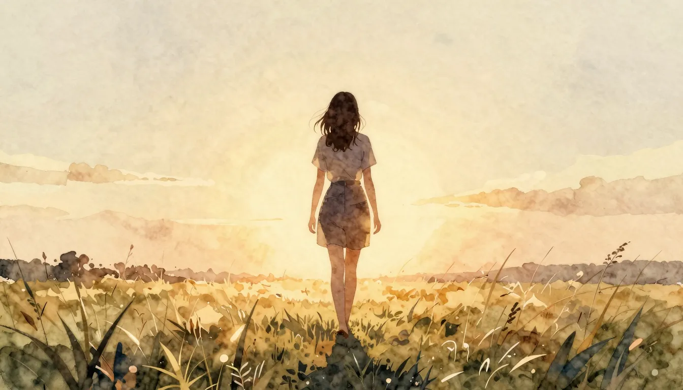 Watercolor style. A silhouette of a woman walking into a bri...