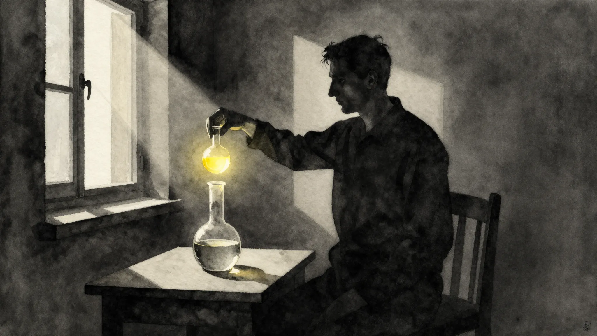 Watercolor style. A silhouette of a man in a dark room, illu...