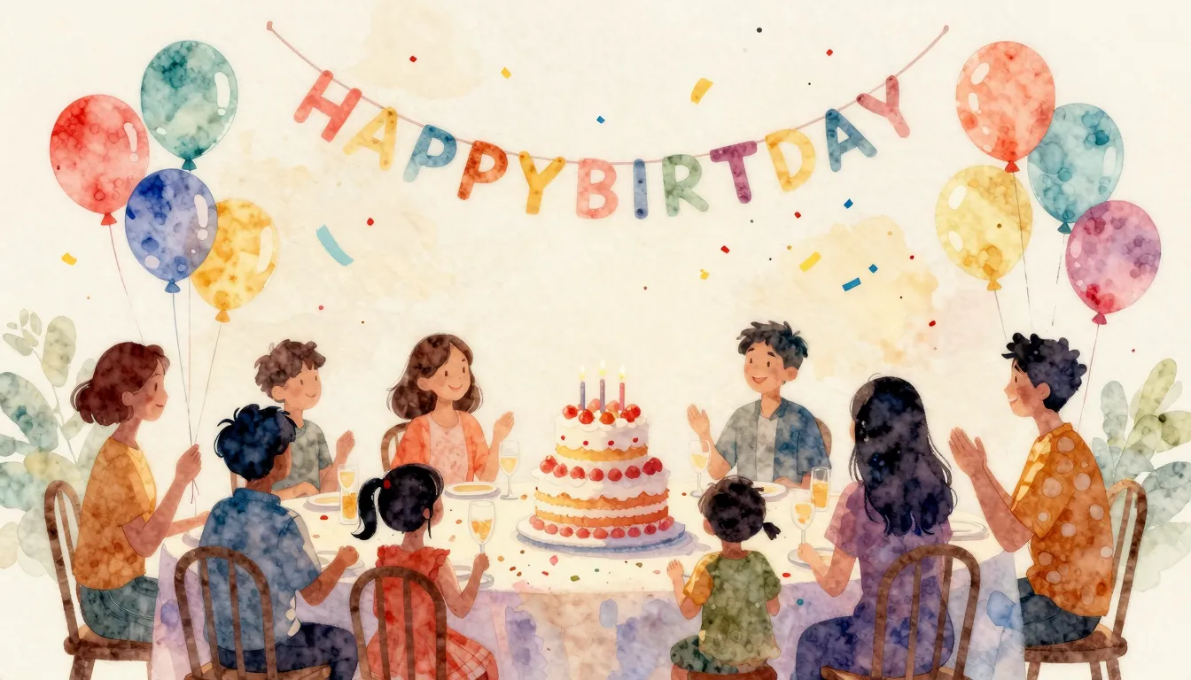 Watercolor style. A festive birthday party scene with a larg...