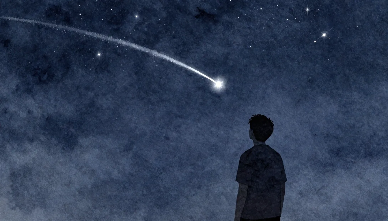 Watercolor style. A silhouette of a man looking at a starry ...