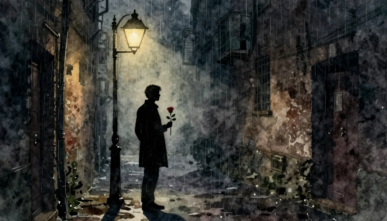 Watercolor style. Silhouette of a lonely man standing under ...