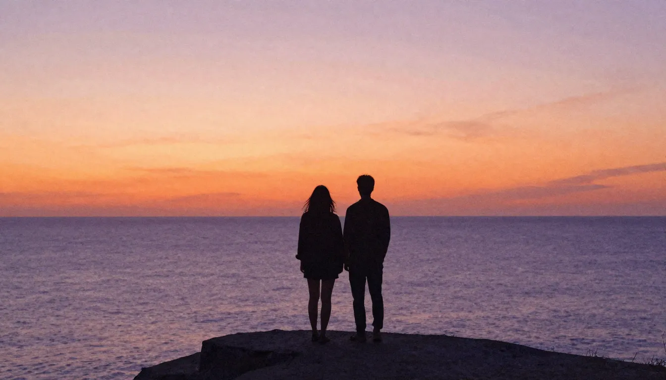 Watercolor style. Two silhouettes of a couple standing toget...