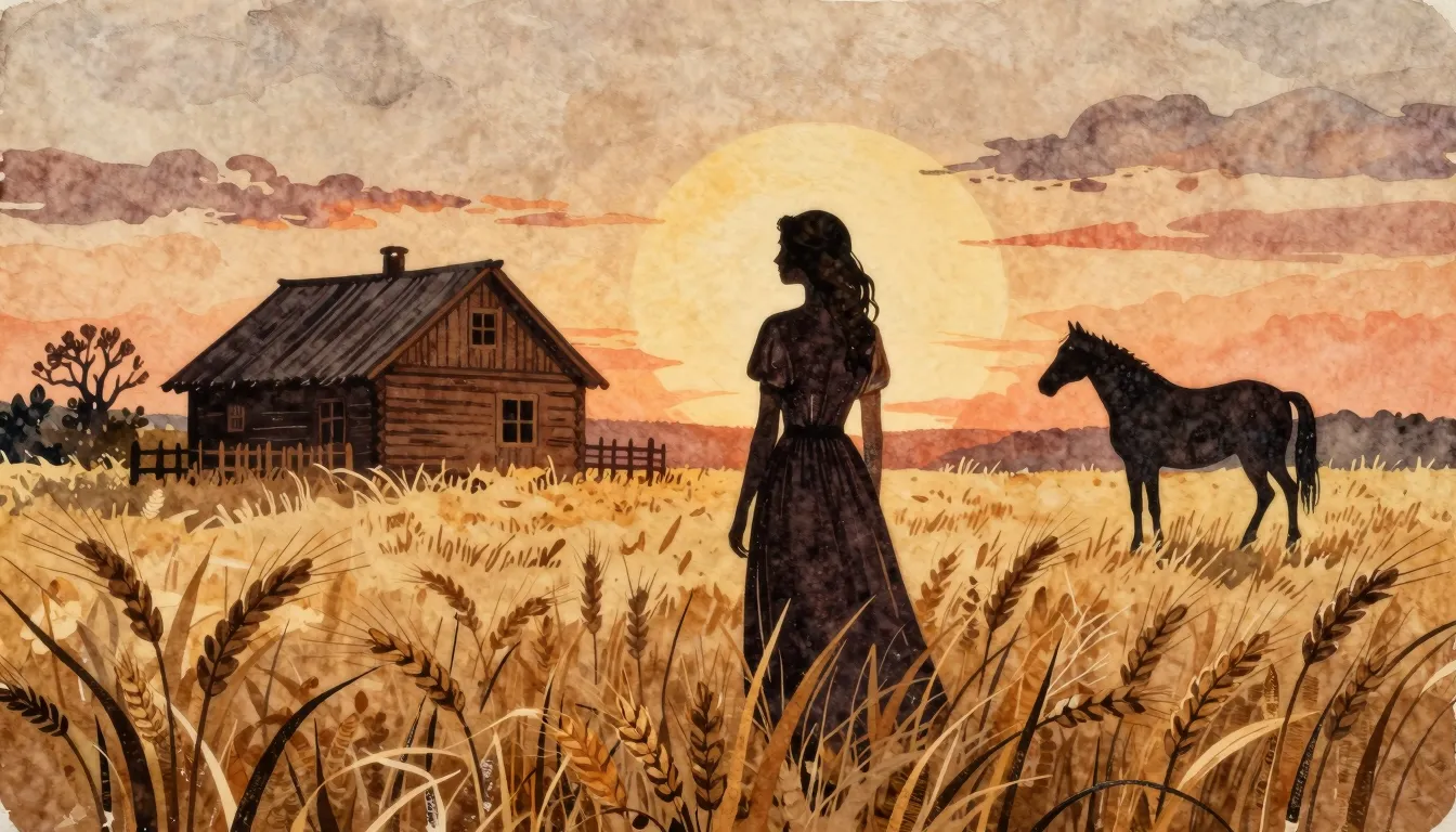 Watercolor style. A silhouette of a woman in a long dress st...