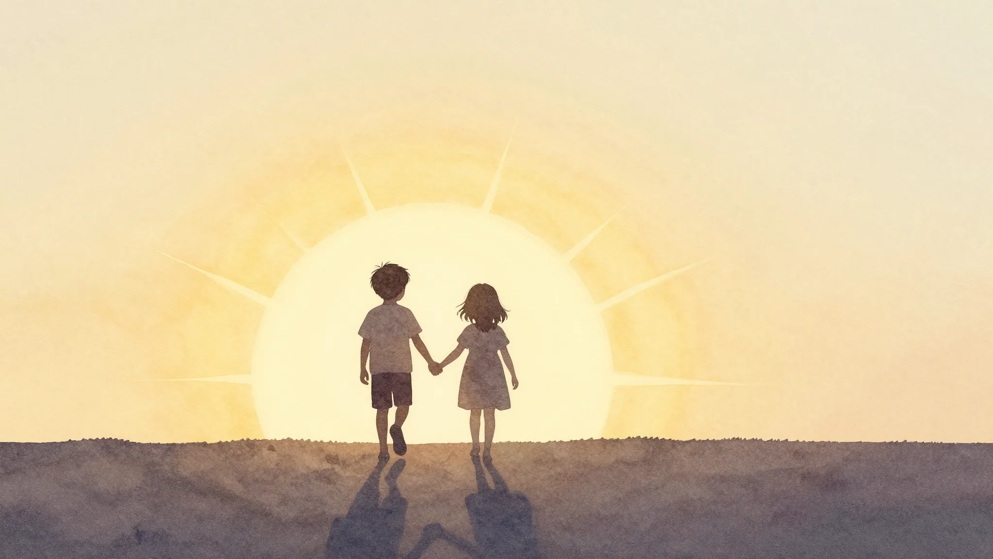 Watercolor style. Two small silhouettes of children holding ...
