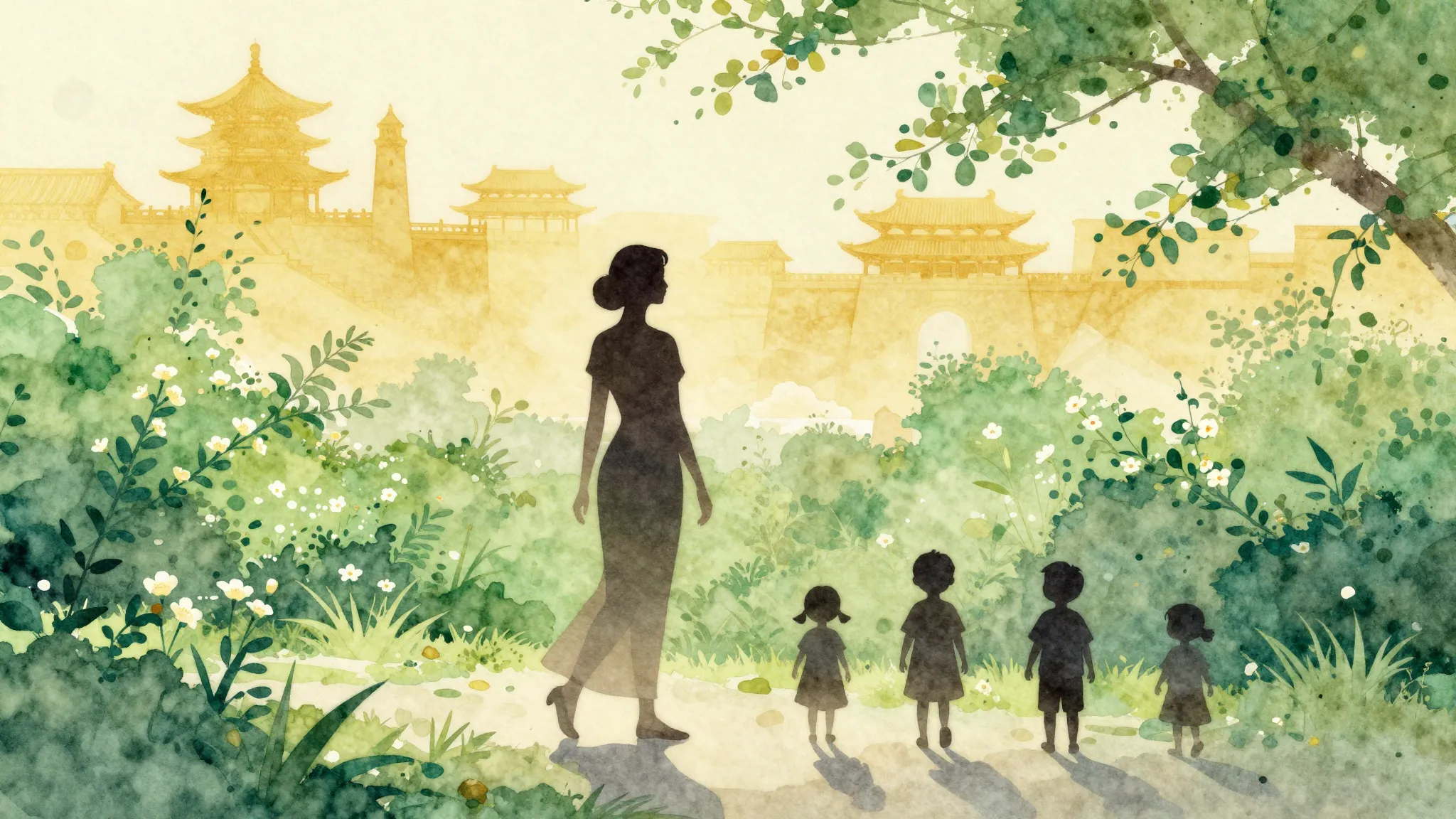 Watercolor style. A silhouette of an elegant woman walking f...