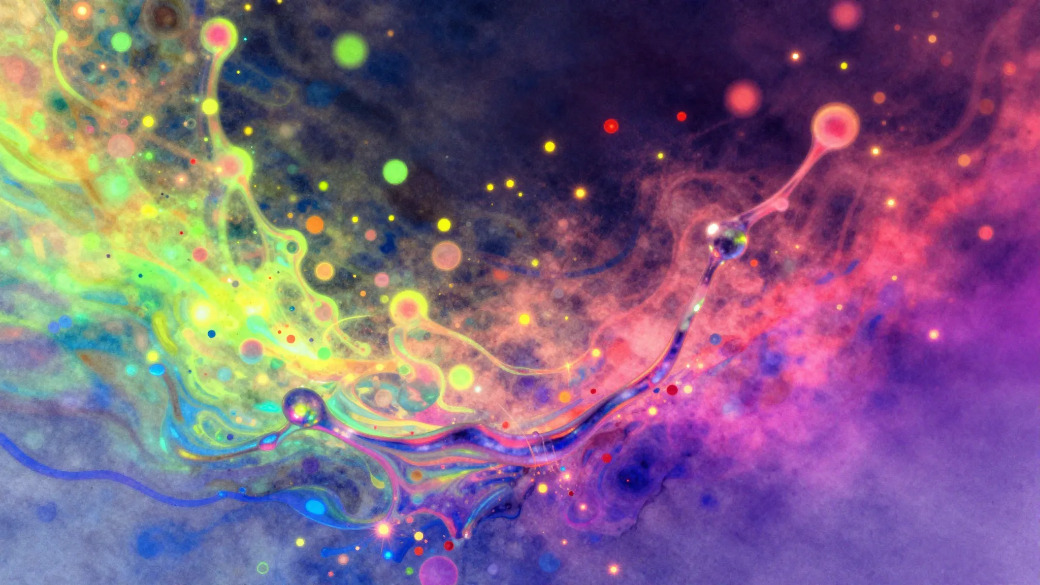 Watercolor style. Abstract glowing particles in water, brigh...