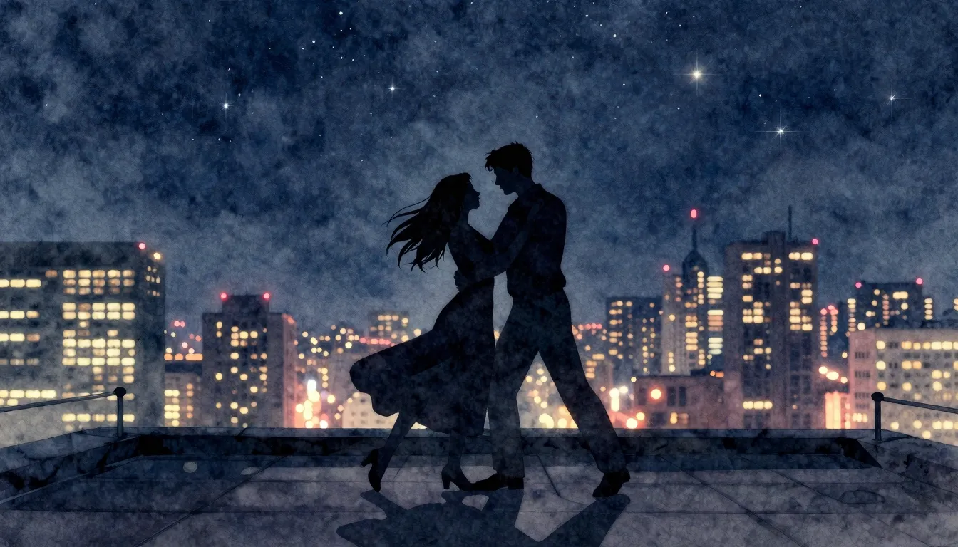 Watercolor style. Silhouette of a couple dancing on a skyscr...