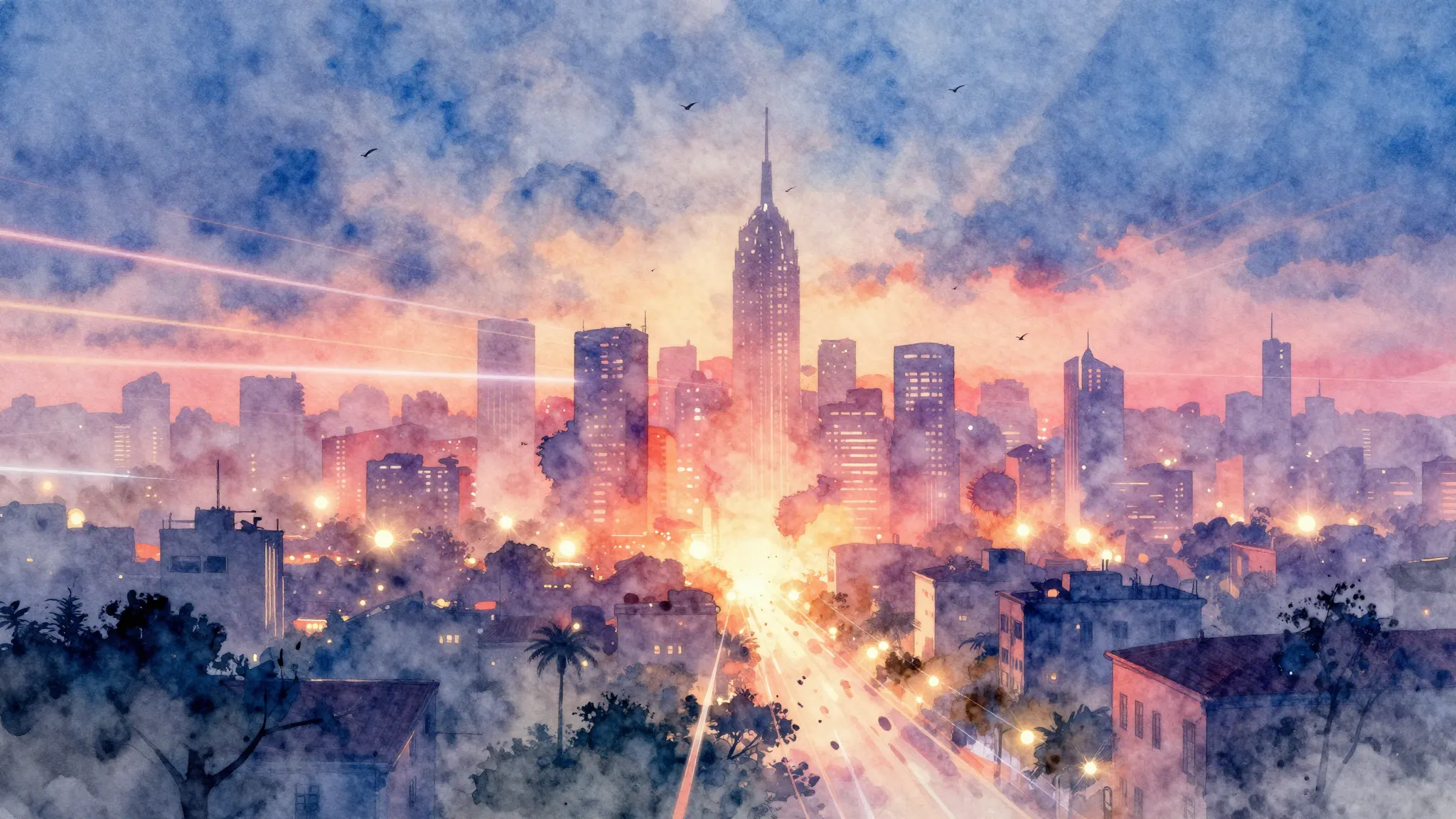 Vibrant watercolor style. Techno album cover, vibrant city a...