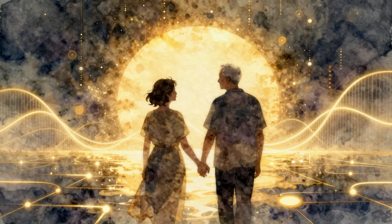 Watercolor style. Silhouettes of an elderly couple holding h...
