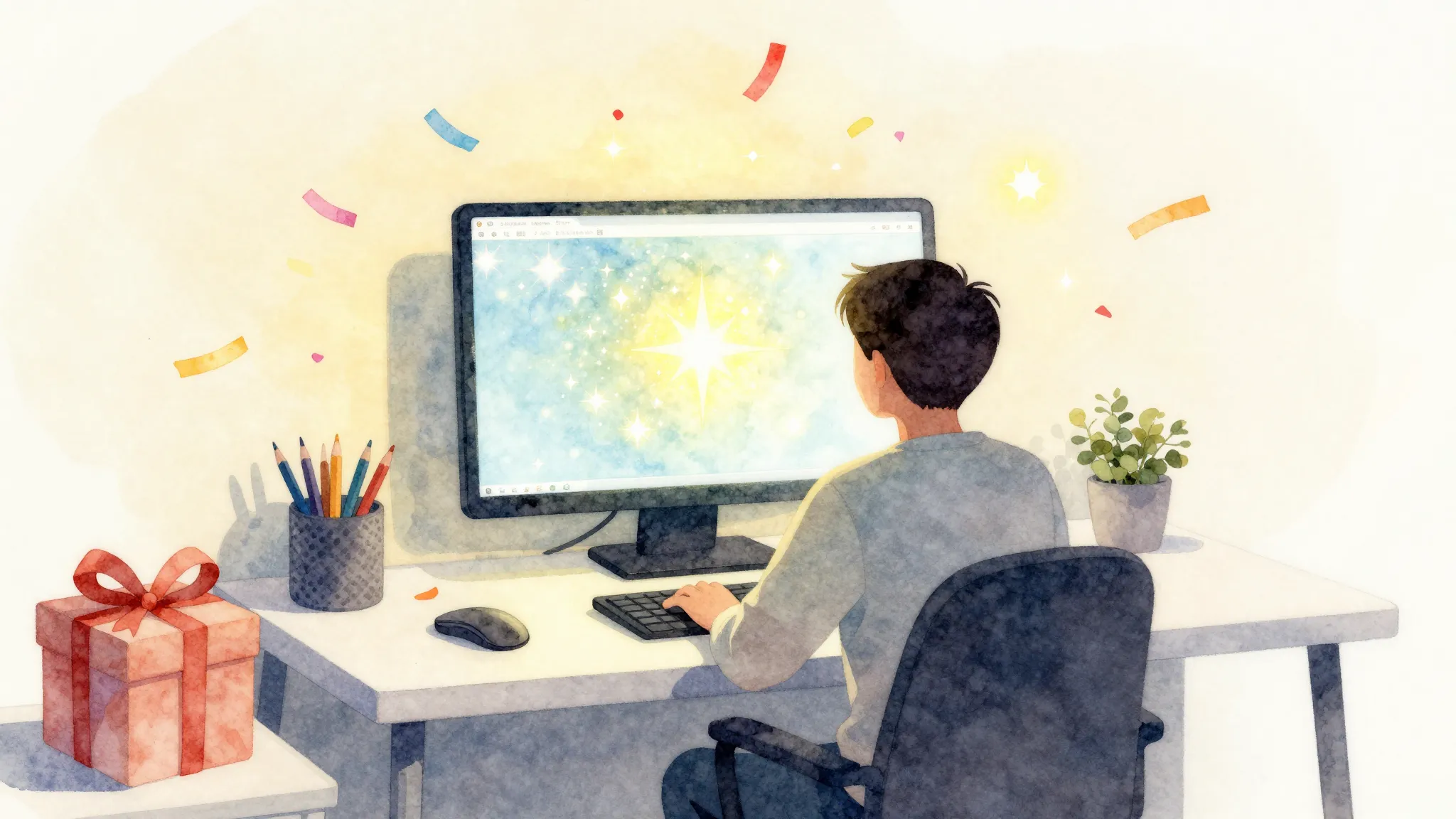 Watercolor style. A cozy workspace decorated with confetti a...