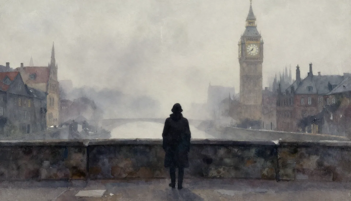 Watercolor style. A dark silhouette of a lonely person stand...