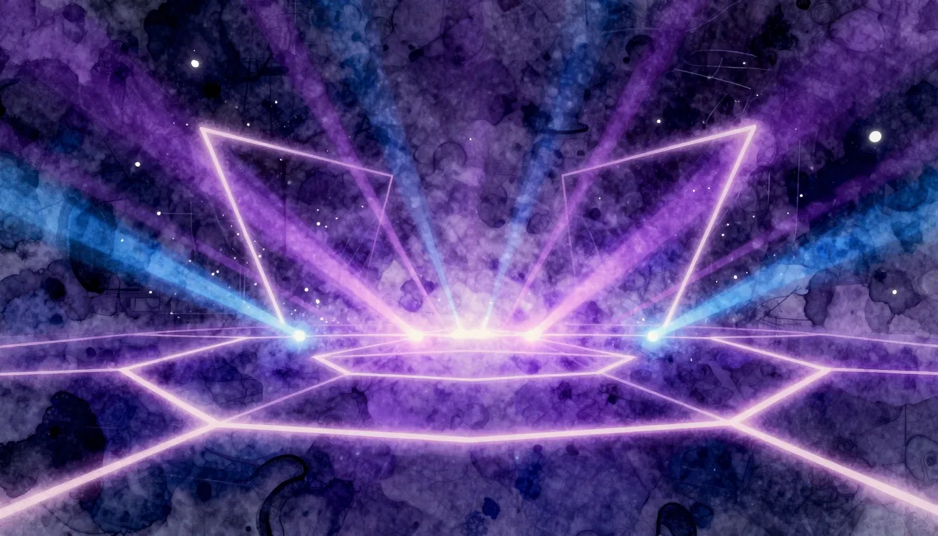 Watercolor style. Abstract neon dance floor with glowing geo...