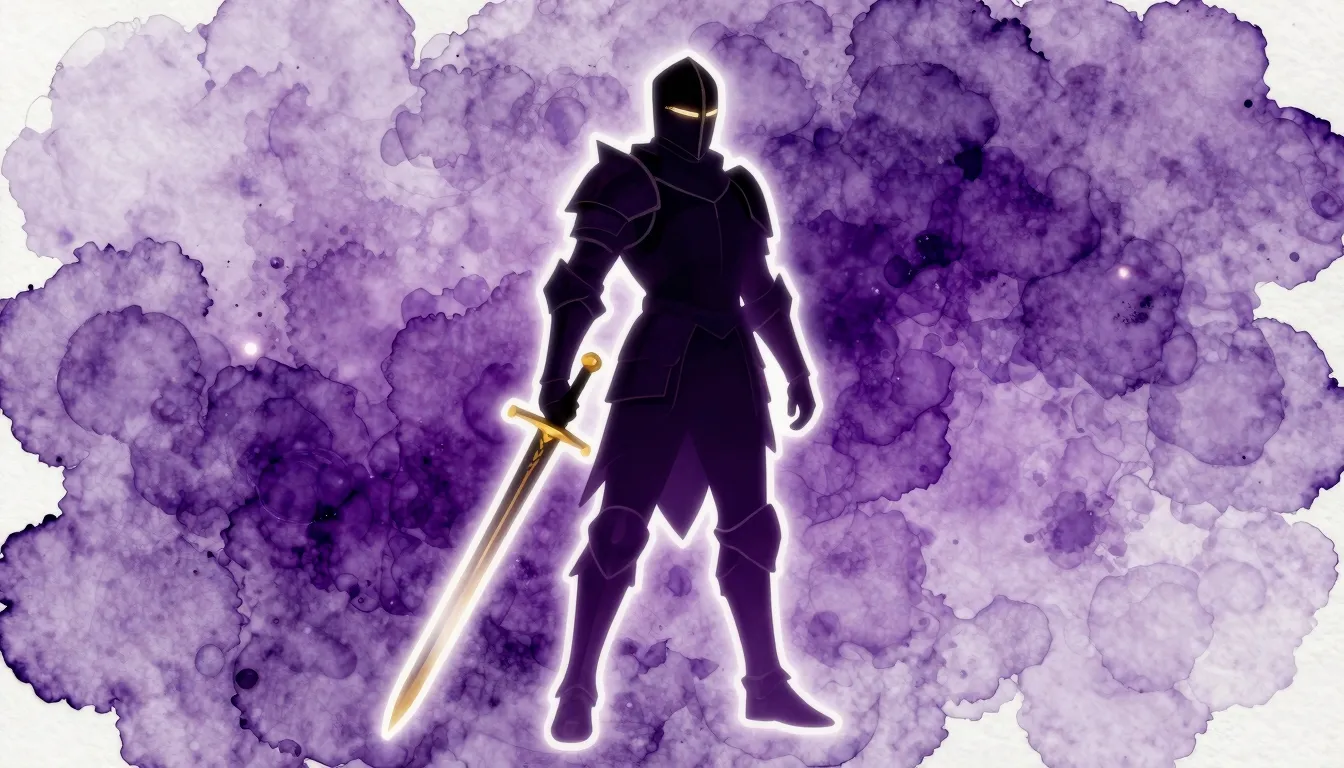 Watercolor style. Silhouette of a stylized knight with a lon...
