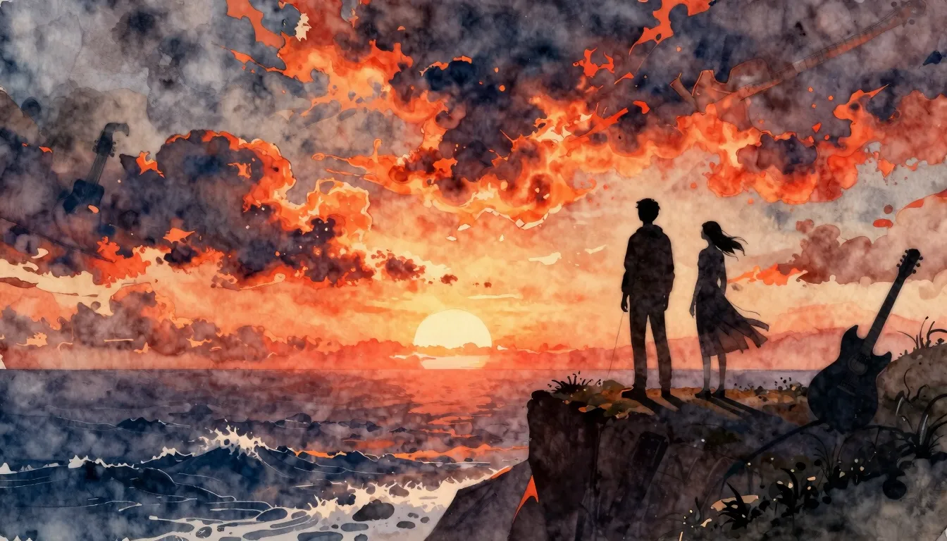 Watercolor style. A silhouette of a couple standing on a cli...