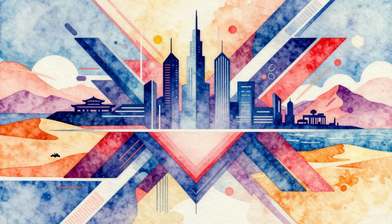 Vibrant watercolor style. Techno album cover: abstract geome...