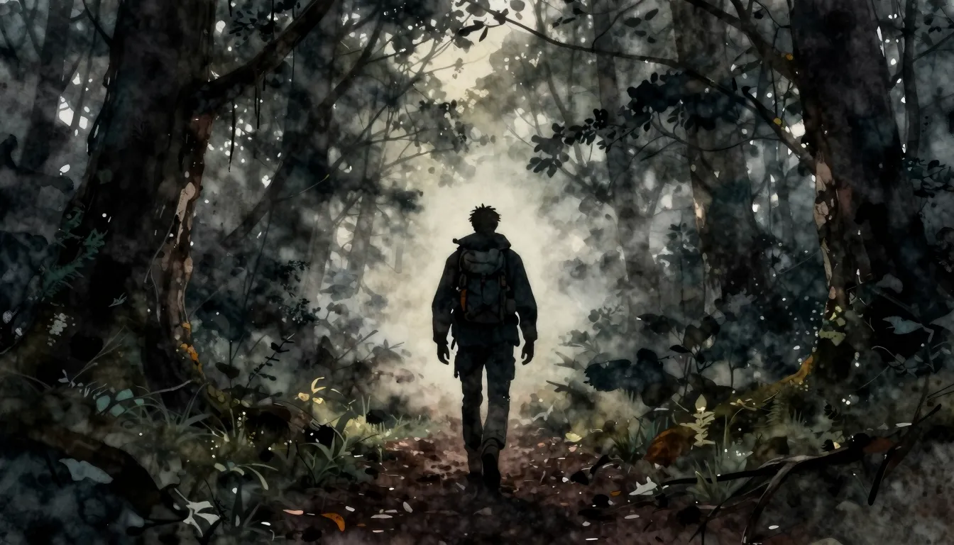 Watercolor style. Silhouette of a brave traveler walking thr...