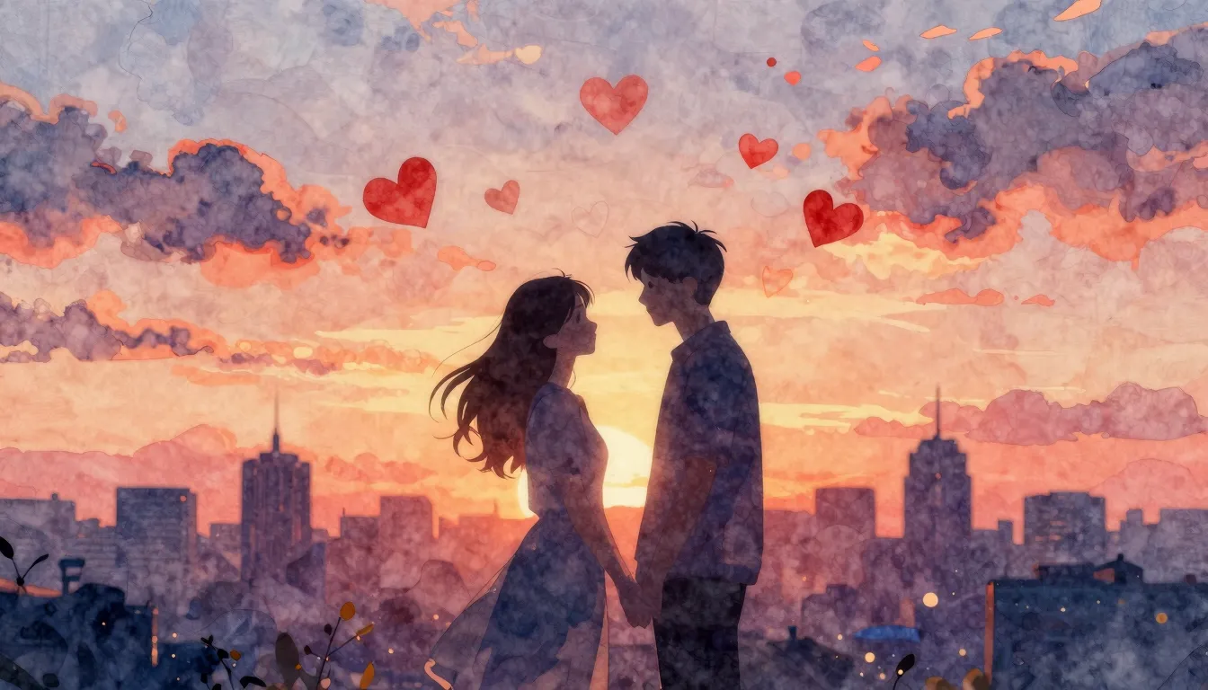 Watercolor style. A silhouette of a couple against a vibrant...