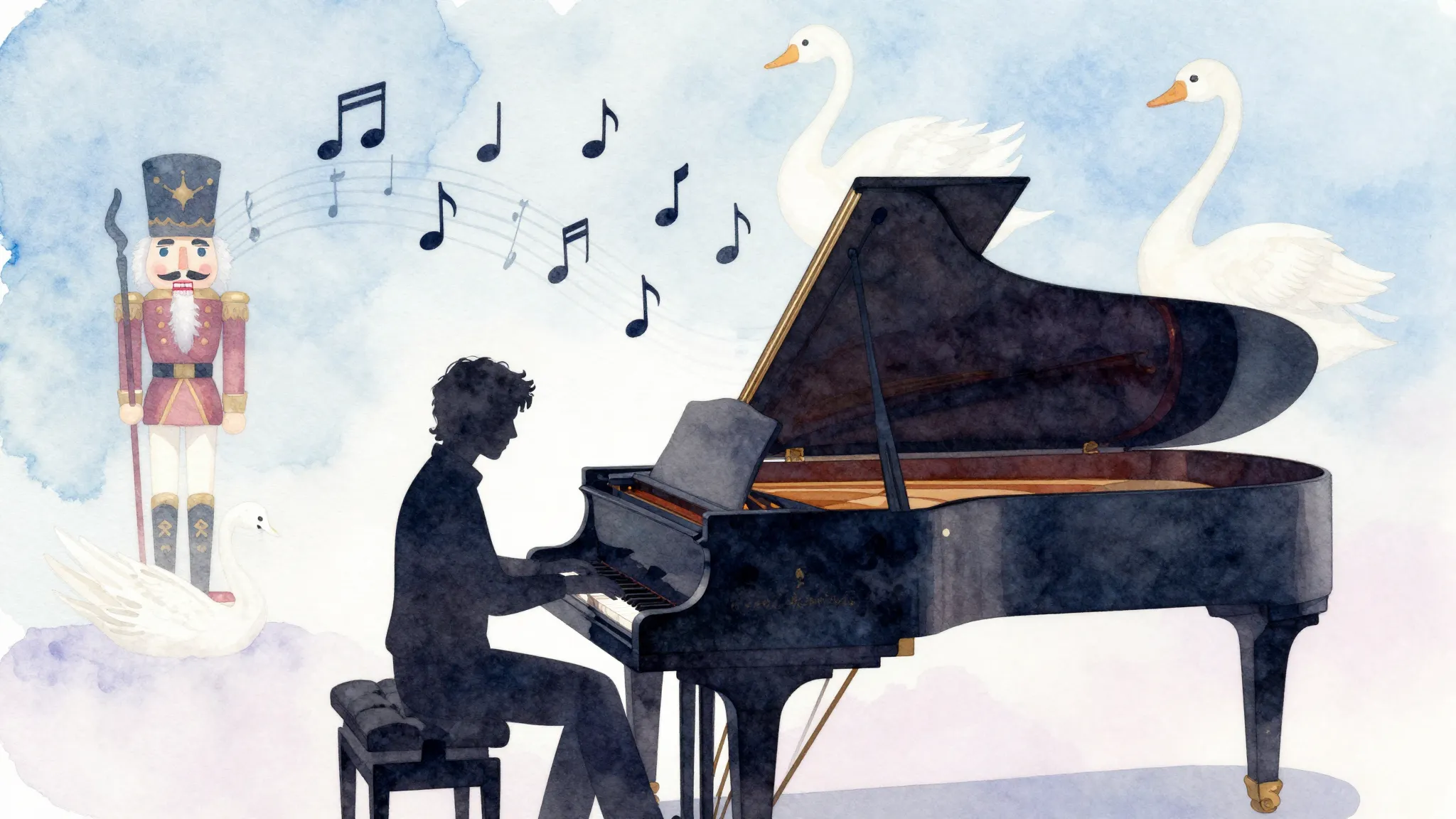 Watercolor style. Silhouette of a composer at a grand piano,...