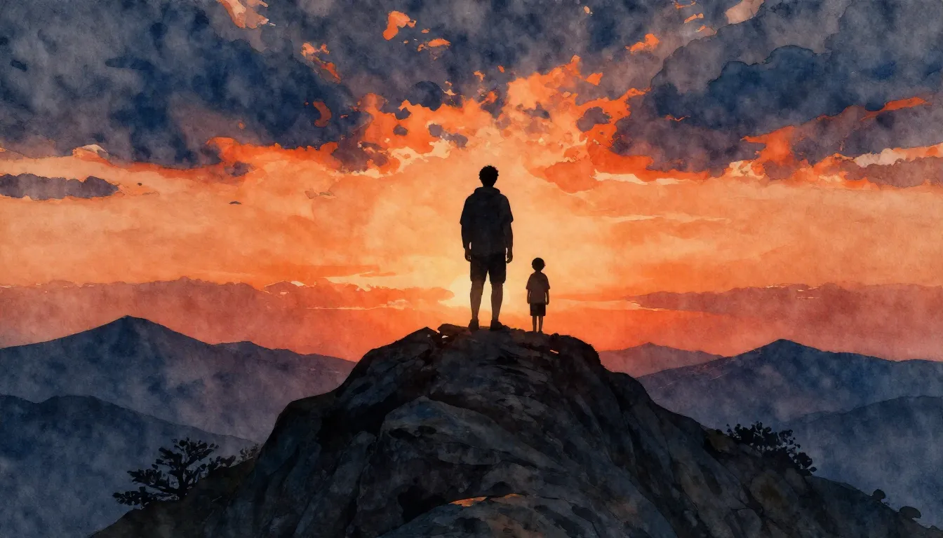 Watercolor style. A silhouette of a tall man and a small chi...